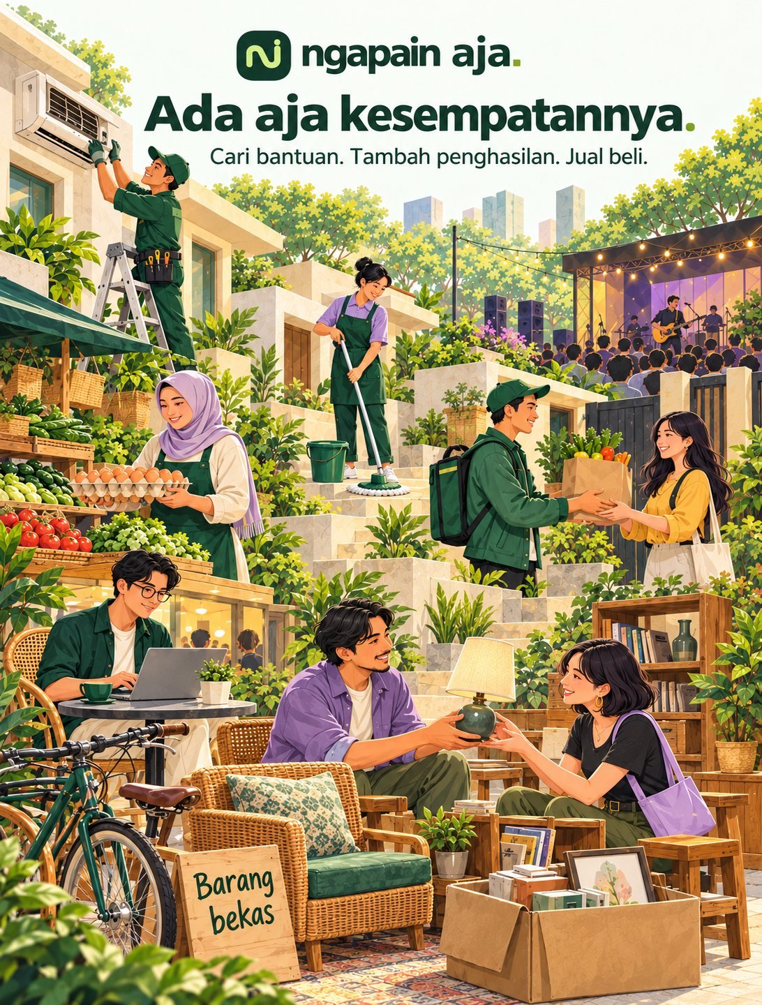 Ilustrasi warga saling bantu: servis AC, bersih-bersih, jual sayur, dan barang bekas